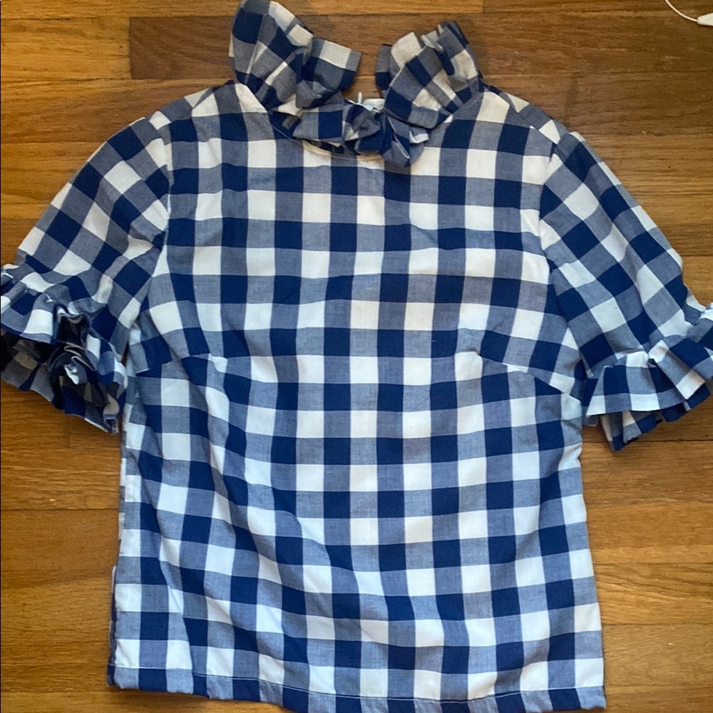 Elizabeth Wilson designs navy Buffalo check ruffle top